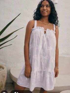 NEW GOA BEACHWEAR White Embroidered Palm Trees Mini Dress Small